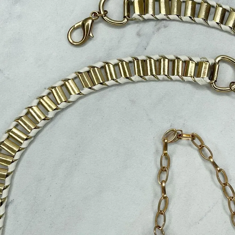 Gold White Faux Leather Woven Chain Link Belt - Size M/L - 32